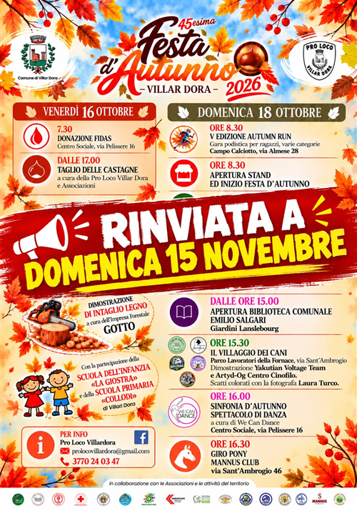 Rinviata la "Festa d'Autunno 2026" del 18 ottobre 2026
