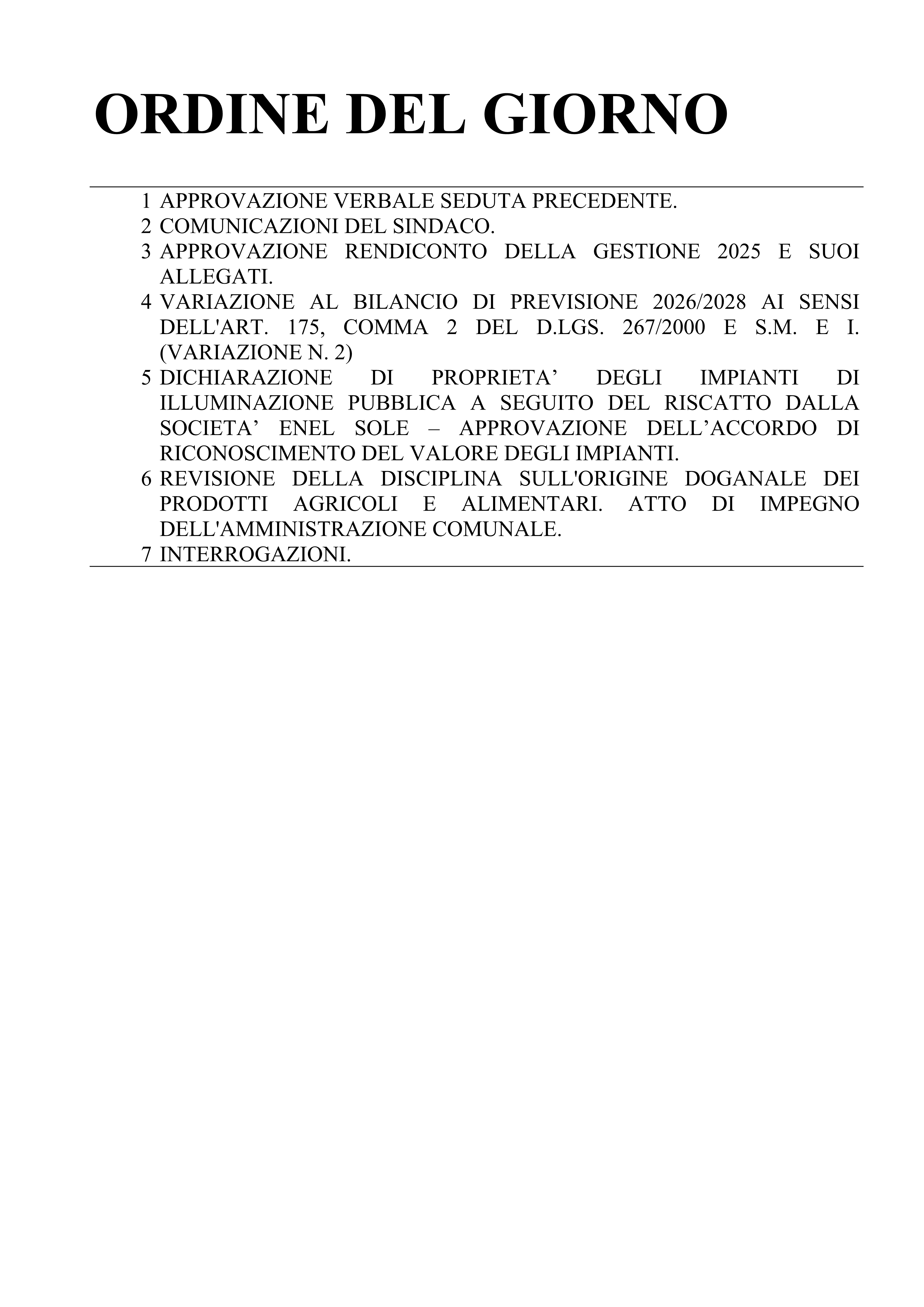 Convocazione Consiglio Comunale: 30/04/2026