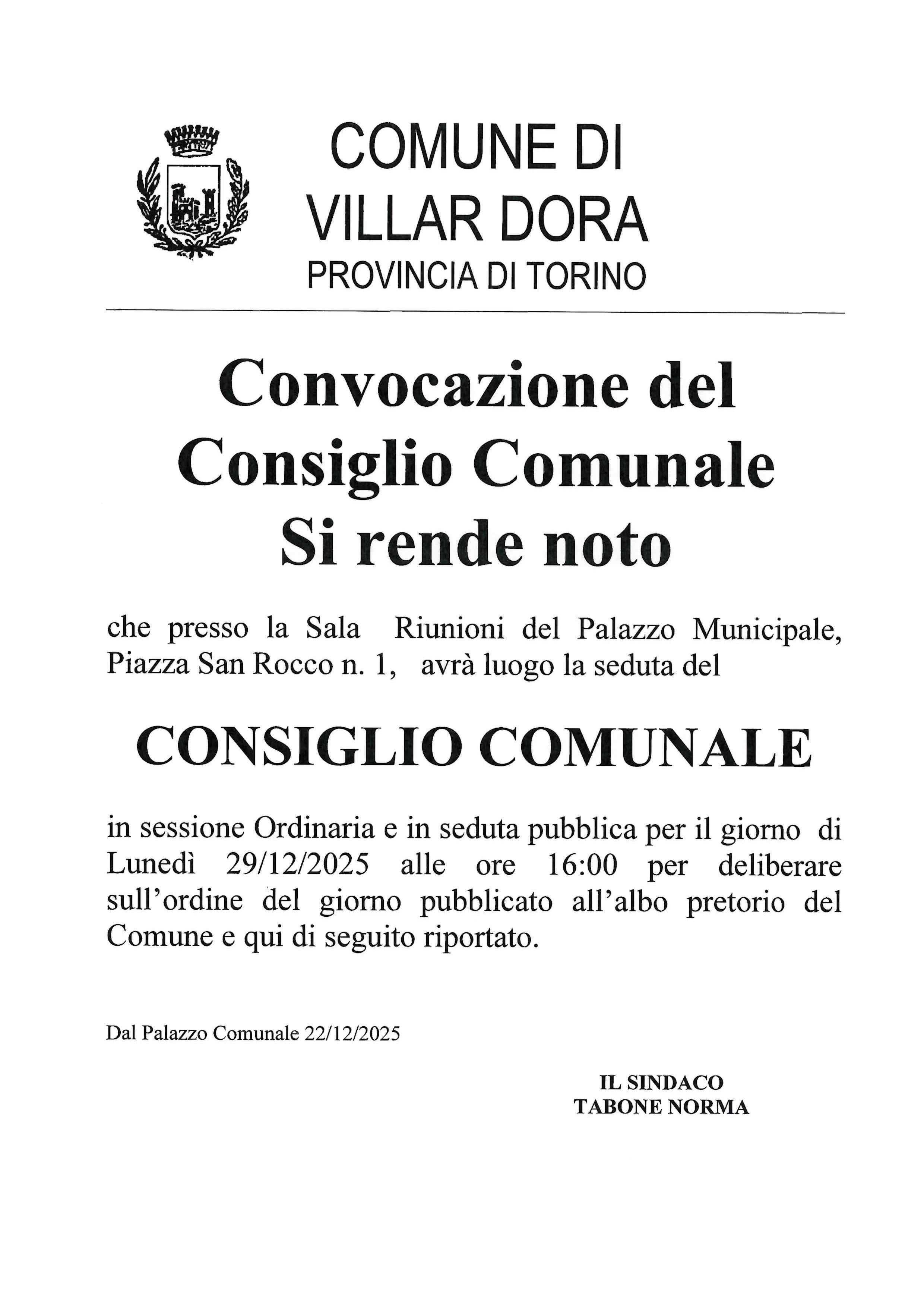 Convocazione del Consiglio Comunale: Lunedì 29/12/2025 alle ore 16:00